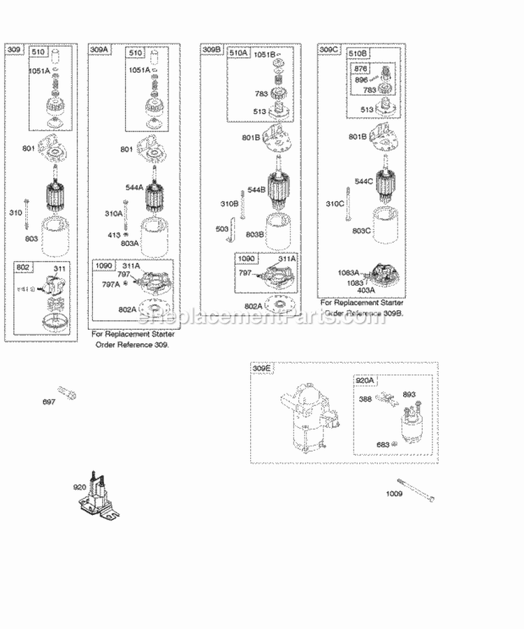 Electric Starters Diagram and Parts List for 350776-1046-A2  Briggs and Stratton Engine